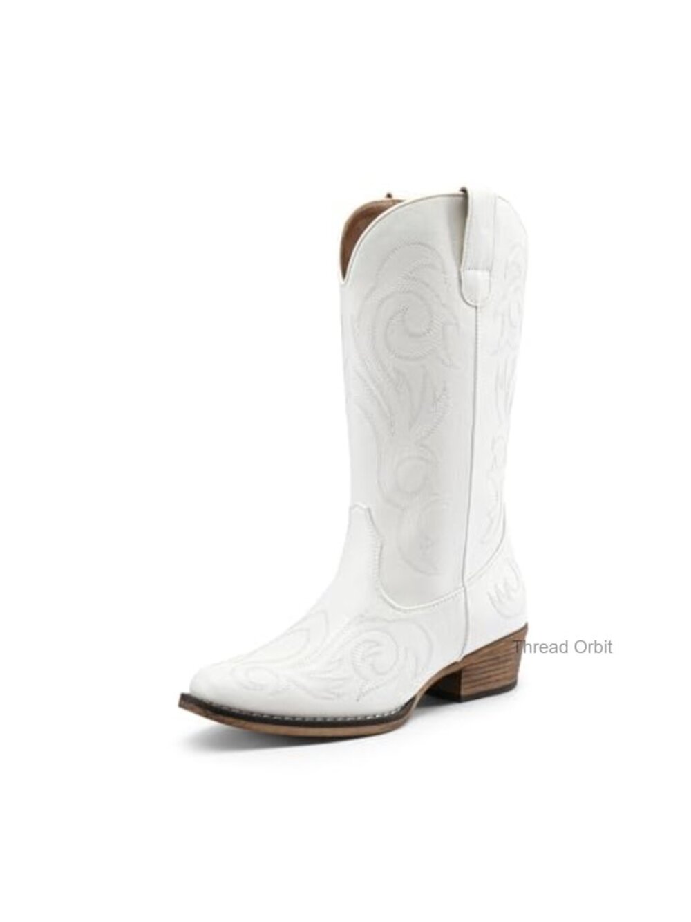 Wide Calf Cowboy Boots Mid Calf Square Toe Faux Leather Western Pull On